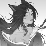  1girl ahri_(league_of_legends) animal_ears bare_shoulders breasts cleavage collarbone commission facial_mark fiiiiiiisher7 fox_ears fox_girl grey_background greyscale hair_between_eyes highres league_of_legends long_hair looking_at_viewer monochrome parted_lips simple_background smile solo upper_body whisker_markings 