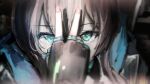  1girl amiya_(arknights) aqua_eyes arknights black_jacket blue_jacket blurry blurry_background brown_hair close-up commentary_request covered_mouth depth_of_field fingerless_gloves gloves hand_over_face hand_up highres jacket jewelry light_particles long_hair looking_at_viewer multiple_rings pan_(ryu) pink_nails portrait reference_request ring shadow solo straight-on v 