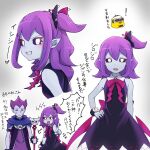  1boy 1girl black_dress black_sclera bow closed_mouth colored_sclera colored_skin demon_girl dress fang grazie_loggins hair_ornament long_hair looking_at_viewer maou_(yuunama) musume_(yuunama) nail_polish open_mouth pointy_ears purple_hair purple_skin ribbon simple_background sleeveless sleeveless_dress smile white_background yuusha_no_kuse_ni_namaiki_da 