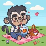  &gt;_&lt; 1boy animal_ears blush brown_fur brown_hair chibi cino_(cafurccino) cup drinking drinking_straw food forked_eyebrows fruit full_body furry furry_male glasses happy highres holding holding_cup indie_virtual_youtuber male_focus mondoart1 monkey_boy monkey_ears monkey_tail short_hair solo strawberry tail thick_eyebrows virtual_youtuber 