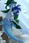 1girl absurdres air_bubble blue_hair bubble clothes_removed green_eyes green_kimono hi_you_(flying_bear) highres in_water japanese_clothes kimono long_hair mermaid monster_girl navel solo touhou underwater wakasagihime 