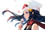  1girl beanie blue_eyes blue_hair blue_nails dawn_(pokemon) floating_hair flower hair_ornament hairclip hat holding holding_flower long_hair parted_lips petals pokemon portrait red_scarf scarf shirt sleeveless sleeveless_shirt solo tor_(torkrub111) white_background 