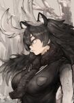  1girl adeshi_(adeshi0693119) animal_ear_fluff animal_ears arms_at_sides black_hair breast_pocket breasts closed_mouth covered_nipples day extra_ears fog from_side fur_scarf grey_eyes grey_hair highres kemono_friends large_breasts long_hair long_sleeves looking_afar monochrome moose_(kemono_friends) moose_ears multicolored_hair outdoors parted_bangs pocket profile scarf serious snow solo sweater taut_clothes taut_sweater upper_body very_long_hair 
