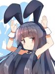  1girl animal_ears black_bow black_bowtie black_leotard blue_hair blush bow bowtie commentary fake_animal_ears flat_chest hands_up highres idolmaster idolmaster_cinderella_girls jitome leotard long_hair looking_at_viewer rabbit_ears rabbit_pose red_eyes sajo_yukimi shadow sidelocks smile solo umberblack upper_body white_background wrist_cuffs 