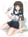 1girl black_hair blue_sailor_collar blue_skirt blunt_bangs brown_eyes commentary_request fanning_self hand_fan hatsuyuki_(kancolle) hime_cut hot kantai_collection kitagawa_mikio long_hair one-hour_drawing_challenge paper_fan pleated_skirt sailor_collar school_uniform serafuku simple_background sitting skirt solo uchiwa wariza white_background 