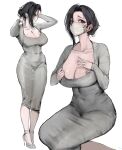  1girl black_hair borrowed_character breast_tattoo breasts cleavage collarbone commentary covered_navel cropped_jacket dress english_commentary fanning_self grey_dress grey_jacket high_heels highres jacket kuu_wii large_breasts looking_at_viewer mask mole mole_on_breast mouth_mask multiple_views original red_eyes simple_background tattoo taut_clothes taut_dress white_background white_mask 