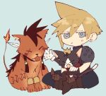  1boy animal animal_on_lap armor beads black_cat black_fur black_gloves blonde_hair blue_background blue_eyes boots bracelet brown_footwear brown_hair cait_sith_(ff7) cape cat cat_on_lap chibi closed_eyes crown earrings expressionless facial_mark feather_hair_ornament feathers final_fantasy final_fantasy_vii fire gloves gold_bracelet hair_beads hair_ornament happy holding jewelry male_focus mini_crown nitoya_00630a on_lap open_mouth pants pauldrons red_cape red_fur scar scar_across_eye scar_on_face short_hair shoulder_armor simple_background single_pauldron sitting sitting_on_lap sitting_on_person sleeveless sleeveless_turtleneck smile spiked_hair stud_earrings tail tattoo tribal_tattoo turtleneck waving white_fur white_gloves 