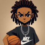  1boy ai-generated ball basketball_(object) black_hair black_skin colored_skin dreadlocks looking_at_viewer nike non-web_source serious 