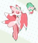  :d ^_^ claws closed_eyes commentary_request evolutionary_line flying_sweatdrops fomantis full_body lurantis motion_lines no_humans open_mouth pokemon pokemon_(creature) polka_dot polka_dot_background smile yajuuraku 