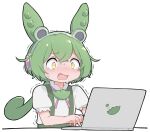  1girl animal_ears blush collared_shirt commentary computer dot_nose double-parted_bangs furrowed_brow green_hair green_shorts headphones highres laptop light_blush long_hair looking_at_object low_ponytail neck_ribbon nose_blush open_mouth pea_pod pink_ribbon puffy_short_sleeves puffy_sleeves ribbon shirt short_hair short_sleeves shorts simple_background solo suspender_shorts suspenders sweat tearing_up tokimotoinui trembling typing upper_body white_background white_shirt wide-eyed yellow_eyes zundamon 