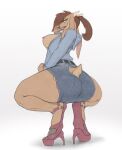  2021 5_fingers anthro areola big_breasts big_butt biped bottomwear bovid breasts brown_hair butt caprine clothing crouching cutoffs denim denim_clothing female fingers footwear furgonomic_footwear furgonomics goat green_eyes hair hi_res high_heels hooves horn jakethegoat kate_(jakethegoat) long_tongue looking_at_viewer looking_back looking_back_at_viewer mammal nipple_piercing nipples open_mouth piercing seductive shorts simple_background solo tongue tongue_around_finger unguligrade_footwear white_background 