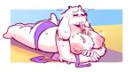  anthro beach big_breasts blush bodily_fluids bovid breasts caprine clothed clothing female goat horn mammal mature_female nipples partially_clothed seaside solo steam sucking sweat swimwear toriel undertale_(series) zixzs-redlight 