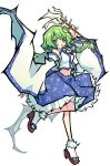  1girl :d absurdres arm_up blue_skirt bobby_socks collared_shirt commentary_request frilled_skirt frills frog_hair_ornament gohei green_eyes green_hair hair_ornament highres holding holding_gohei il_cocokana kochiya_sanae long_hair looking_at_viewer midriff navel open_mouth sarashi shirt simple_background single_hair_tube skirt sleeveless sleeveless_shirt smile snake_hair_ornament socks solo touhou white_background white_shirt white_sleeves white_socks wide_sleeves 