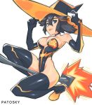  1girl alternate_costume artist_name bare_shoulders black_choker black_footwear black_gloves black_hair blue_eyes boots breasts broom broom_riding choker elbow_gloves full_body gloves hair_between_eyes hat highleg highleg_leotard highres kill_la_kill large_breasts leotard lips living_clothes looking_at_viewer matoi_ryuuko patosky senketsu solo strapless strapless_leotard thigh_boots thighs witch witch_hat 