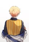  1boy back blonde_hair coat_partially_removed commentary_request gradient_hair highres jiri_(jirijiri_418) male_focus multicolored_hair orange_hair orange_vest project_sekai short_hair simple_background solo striped tenma_tsukasa upper_body vertical_stripes vest white_background 