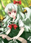  1girl bamboo bamboo_forest blurry blurry_background bow bowtie dress ex-keine forest green_dress green_skirt highres horns kamishirasawa_keine long_hair multiple_tails nature one-hour_drawing_challenge open_mouth ruu_(tksymkw) scroll skirt solo tail touhou very_long_hair white_hair 