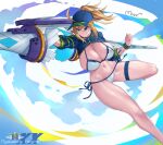  1girl ahoge artoria_pendragon_(fate) baseball_cap bikini blue_eyes blue_headwear blue_jacket breasts cleavage cropped_jacket fate/grand_order fate_(series) hat highres jacket lance large_breasts long_hair mrnn mysterious_heroine_xx_(fate) navel polearm ponytail shrug_(clothing) smile solo swimsuit thigh_strap thighs twinmyniad_(fate) weapon white_bikini wristband 