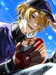  1boy baseball_mitt baseball_uniform black_cat blonde_hair cat highres jieli long_sleeves luca_kaneshiro male_focus nijisanji nijisanji_en open_mouth purple_eyes short_sidetail smile solo sportswear virtual_youtuber 