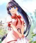  black_hair blue_eyes blue_sky closed_umbrella cloud crown_ornament day dress kazamatsuri_institute_high_school_uniform konohana_lucia long_hair misaki_juri open_mouth outdoors pink_dress ponytail red_ribbon rewrite ribbon school_uniform sky smile summer_uniform teeth umbrella upper_teeth_only 