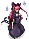  1girl amagi_(amagi626) animal_ears bare_arms black_bow bow bowtie braid breasts cat_ears cat_tail cleavage collarbone commentary_request dress frilled_shirt_collar frills from_above full_body green_bow green_bowtie grey_dress hair_bow hair_down hair_over_one_eye hair_ribbon hand_on_own_chest hand_up highres hitodama kaenbyou_rin long_hair medium_breasts multiple_tails nekomata petticoat red_eyes red_hair ribbon shadow simple_background single_braid solo standing tail touhou tress_ribbon two_tails very_long_hair white_background 
