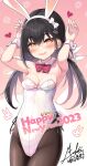  1girl 2023 :d animal_ears artist_name black_hair black_pantyhose blush breasts carrot chinese_zodiac cleavage covered_navel cowboy_shot fake_animal_ears fang floral_background hair_ribbon hairband happy_new_year heart highres leotard looking_at_viewer low_twintails medium_breasts minamura_haruki name_tag new_year number_hair_ornament open_mouth original pantyhose pink_background playboy_bunny rabbit_ears rabbit_pose rabbit_tail ribbon side-tie_leotard signature skin_fang smile solo tail twintails white_background white_hairband white_leotard white_ribbon wrist_cuffs year_of_the_rabbit yellow_eyes 