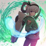  1girl black_hairband black_pants black_ribbon blue_eyes blush closed_mouth cowboy_shot green_jacket grey_hair hair_ribbon hairband highres hitodama holding hood hooded_jacket jacket konpaku_youmu konpaku_youmu_(ghost) long_sleeves pants ribbon shiroi_karasu short_hair solo touhou twitter_username 