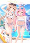  2girls :d ;d ahoge arm_up armpits bare_shoulders barefoot bikini blonde_hair blue_archive blush bow breasts cloud collarbone day eyewear_on_head frilled_bikini frills hair_between_eyes hair_bow hair_ornament halo hifumi_(blue_archive) highres holding_hands hoshino_(blue_archive) innertube long_hair looking_at_viewer multiple_girls navel one_eye_closed open_mouth outdoors painter-lhb pink_hair pool poolside sky small_breasts smile standing sunglasses swimsuit thigh_gap twintails very_long_hair water white_bikini yellow_eyes 