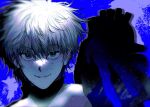  1boy blood blood_on_face blue_eyes heart heart_(organ) holding holding_heart holding_organ hunter_x_hunter killua_zoldyck looking_at_viewer male_child male_focus shirt short_hair smile solo sr_draw white_hair white_shirt 