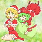  2girls arm_ribbon blonde_hair boots bow capelet christmas dress frilled_dress frilled_ribbon frills front_ponytail fur-trimmed_capelet fur_trim green_eyes green_hair hair_bow hair_ribbon hat kagiyama_hina kidehira23 mizuhashi_parsee multiple_girls pointy_ears puffy_short_sleeves puffy_sleeves red_bow red_dress red_headwear red_ribbon ribbon santa_costume santa_hat short_sleeves smile touhou 