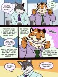  anthro canid canine canis clothed clothing comic countershade_face countershade_fur countershading duo english_text eyebrows felid fruitz fur hi_res humor male mammal mike_(fruitz) orange_body orange_fur pantherine smile steve_(fruitz) text tiger wolf 