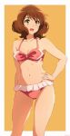  1girl artist_name ass_visible_through_thighs bare_shoulders bikini blush bow bow_bikini breasts brown_eyes brown_hair collarbone frilled_bikini frills hair_between_eyes hand_on_own_hip hibike!_euphonium highres navel open_mouth oumae_kumiko short_hair simple_background small_breasts smile solo stomach swimsuit thighs usagihop watermark wavy_hair 
