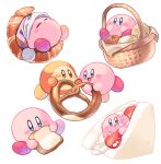  2others basket blue_eyes blush bread bread_slice bun_(food) cake closed_eyes colored_skin covered_mouth cream croissant eating food food_on_face fruit green_eyes hands_on_own_face hands_up hat hetero holding holding_food jumping kirby kirby_(series) looking_at_another looking_to_the_side looking_up lying multicolored_skin multiple_others mutekyan on_back open_mouth orange_eyes orange_skin pink_skin polka_dot polka_dot_headwear pom_pom_(clothes) purple_headwear simple_background sitting sleeping smile strawberry tongue waddle_dee white_background yellow_skin 