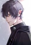  1boy akr_noze beelzebub_(shuumatsu) black_eyes black_hair hair_over_one_eye highres looking_at_viewer looking_to_the_side male_focus pointy_ears priest short_hair shuumatsu_no_valkyrie twitter_username 