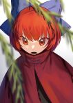  1girl absurdres black_shirt blue_bow bow branch cape hair_bow highres medium_hair nanashi_nasi open_mouth red_cape red_eyes red_hair sekibanki shirt solo touhou upper_body white_background 