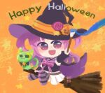  1girl :3 :d alina_gray animalization bad_id bad_twitter_id black_cape black_headwear black_shirt black_sleeves blush broom broom_riding candy cape cat chibi crop_top detached_sleeves food gera-magia halloween happy_halloween hat holding holding_paintbrush jack-o&#039;-lantern lollipop magia_record:_mahou_shoujo_madoka_magica_gaiden magical_girl mahou_shoujo_madoka_magica misono_karin open_mouth paintbrush parted_bangs pink_ribbon pleated_skirt purple_eyes purple_hair purple_thighhighs ribbon shirt skirt smile solo star_(symbol) striped striped_thighhighs swirl_lollipop thighhighs two_side_up white_skirt witch_hat 