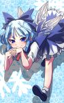  1girl ahodemoaru blue_background blue_bow blue_dress blue_eyes blue_footwear blue_hair bow cirno closed_mouth commentary_request detached_sleeves dress hair_bow hair_intakes highres ice ice_wings interlocked_fingers one-hour_drawing_challenge short_hair short_sleeves smile snowflakes solo touhou wings 