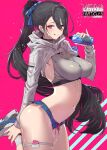  1girl :p black_hair blue_bow blue_bowtie bottle bow bowtie breasts condom crop_top hair_between_eyes headphones high_ponytail holding_leg large_breasts long_hair long_sleeves looking_at_viewer miniskirt navel original ponytail purple_eyes skirt smile socks solo sports_bra stomach sweat tajima_ryuushi thighs tongue tongue_out water_bottle white_socks 