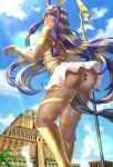  1boy absurdres animal_ears armlet ass blonde_hair bracelet cloud commission dark-skinned_female dark_skin earrings egyptian facial_mark fate/grand_order fate_(series) giant giantess gold_earrings heracles_(fate) highres holding holding_staff hoop_earrings jackal_ears jewelry kneehighs loincloth long_hair looking_back mash_kyrielight multicolored_hair nitocris_(fate) nitocris_(third_ascension)_(fate) numaguro_(tomokun0808) open_mouth palm_tree purple_eyes purple_hair revealing_clothes skeb_commission skirt sky socks staff tree two-tone_hair vambraces very_long_hair white_skirt ziggurat 