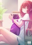  1girl absurdres blue_shorts blurry blush bracelet breasts brown_eyes closed_mouth commentary depth_of_field dolphin_shorts hair_between_eyes highres idolmaster idolmaster_shiny_colors indoors jewelry large_breasts long_hair looking_at_viewer nintendo_switch object_hug osaki_tenka plant potted_plant purple_hair shadow shirt short_sleeves shorts sitting solo sora_(men0105) white_shirt 