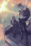  2boys armor bird black_footwear black_jacket black_pants blonde_hair blurry blurry_background boots brown_hair cloud cloud_strife cloudy_sky cropped_jacket final_fantasy final_fantasy_vii final_fantasy_vii_advent_children final_fantasy_viii from_above full_body fur-trimmed_jacket fur_trim highres jacket long_sleeves looking_at_another male_focus multiple_boys pants parted_lips scar scar_on_face scar_on_forehead shio_ga shirt short_hair shoulder_armor sky sleeveless sleeveless_shirt spiked_hair squall_leonhart squatting standing white_shirt 
