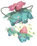  absurdres berry_(pokemon) bright_pupils bulbasaur claws commentary_request evolutionary_line fangs fangs_out highres holding ivysaur kira_(kirakrr) leaf no_humans open_mouth oran_berry plant pokemon pokemon_(creature) red_eyes simple_background tongue venusaur vines white_background white_pupils 