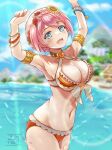  1girl absurdres armpits arms_up beach bikini blue_eyes braid breasts flower hair_flower hair_ornament highres large_breasts maoo-san pink_hair princess_connect! red_flower red_rose rose short_hair smile sunflower sunflower_hair_ornament sunlight swimsuit yui_(princess_connect!) yui_(summer)_(princess_connect!) 