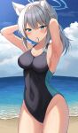  absurdres animal_ear_fluff animal_ears arms_behind_head beach black_one-piece_swimsuit blue_archive blue_eyes blue_sky breasts cloud commentary_request competition_swimsuit covered_navel cross_hair_ornament day extra_ears grey_hair hair_ornament halo highres horizon low_ponytail medium_breasts medium_hair mismatched_pupils mouth_hold multicolored_clothes multicolored_swimsuit ocean one-piece_swimsuit outdoors rubber_band shiroko_(blue_archive) shiroko_(swimsuit)_(blue_archive) sky swimsuit wolf_ears yuzuri_amane 