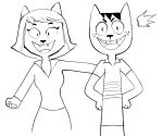  anthro black_and_white clothed clothing creator_ant domestic_cat duo felid feline felis female hair hi_res kitty_bobo male mammal monochrome open_mouth short_hair simple_background smile 