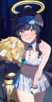  1girl :o adjusting_skirt animal_ears black_hair blue_archive blunt_bangs blurry blush bracelet breasts character_name cheerleader cleavage clothes_pull commentary_request depth_of_field detached_collar dog_ears dog_girl dog_tail embarrassed eyewear_on_head gloves golf_bag grey_eyes halo hibiki_(blue_archive) hibiki_(cheerleader)_(blue_archive) highres holding holding_pom_poms jewelry long_hair looking_at_viewer navel official_alternate_costume pleated_skirt pom_pom_(cheerleading) ponytail sidelocks single_glove skirt skirt_pull solo stomach sunglasses tai_saka tail white_gloves 