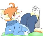  &lt;3 anthro barefoot blep blue_bottomwear blue_clothing blue_pants blue_topwear bottomwear closed_smile clothed clothing dipstick_ears dragon feet full-length_portrait fur furred_dragon glistening glistening_eyes hair hi_res kutto kuttoyaki looking_at_viewer male mouth_closed multicolored_ears orange_eyes orange_hair pants portrait red_tongue simple_background solo tongue tongue_out topwear white_body white_ears white_fur yellow_body yellow_ears yellow_fur 