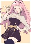  1girl ascot black_thighhighs blunt_bangs breasts do_m_kaeru earrings fire_emblem fire_emblem:_three_houses garreg_mach_monastery_uniform hand_on_own_hip hilda_valentine_goneril hoop_earrings jewelry long_hair looking_at_viewer medium_breasts official_alternate_hairstyle one_eye_closed open_mouth pink_eyes pink_hair smile solo thighhighs zettai_ryouiki 