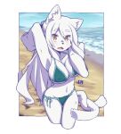  1girl animal_ear_fluff animal_ears arm_up armpits beach bikini blue_sky body_fur border breasts cat_ears cat_girl cat_tail cropped fang furry furry_female green_bikini large_breasts long_hair looking_at_viewer mawaru_(mawaru) multiple_tails navel open_mouth original outdoors sand skin_fang sky solo summer suzubi_(mawaru) swimsuit tail water white_border white_hair yellow_eyes 