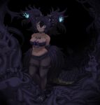  1girl animal_ear_fluff animal_ears arms_behind_back bare_shoulders belt big_hair black_hair black_shorts blue_fire breasts brown_pantyhose buttons cerberus_(kemono_friends) cleavage closed_mouth collar dark dog_ears facial_mark fire full_body glowing glowing_eyes glowing_hair green_eyes highres irimo_(knhg3432) jewelry kemono_friends large_breasts lipstick lizard_tail long_tail looking_at_viewer makeup multicolored_hair navel pantyhose pantyhose_under_shorts parted_bangs pendant purple_hair purple_lips shoes short_shorts shorts skindentation slit_pupils smile solo spiked_collar spiked_shoes spikes stomach strapless tail thigh_belt thigh_strap tube_top two_side_up unbuttoned walking 