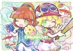  2girls amitie_(puyopuyo) arle_nadja baseball baseball_bat baseball_mitt baseball_uniform belt blonde_hair blue_shirt carbuncle_(puyopuyo) dog doradorakingyo dust green_eyes helmet holding holding_baseball_bat jikkyou_powerful_pro_yakyuu multiple_girls one_eye_closed open_mouth puyo_(puyopuyo) puyopuyo puyopuyo_fever red_belt red_headwear shirt shorts skirt sportswear striped striped_shirt vertical-striped_shirt vertical_stripes white_shorts white_skirt winged_helmet yellow_eyes 